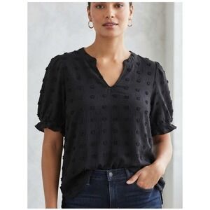 B. Blouse Womens XXL Short Puff Sleeve Black Clipped Dot Split V-Neck EUC